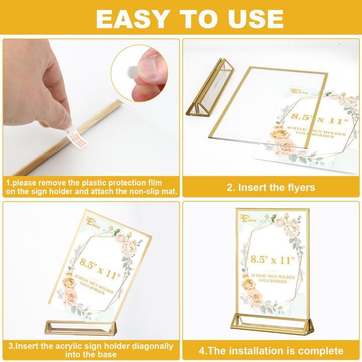EHWINE 4 Pack Acrylic Sign Holder 8.5 x 11, Double Sided Gold Picture Frame Stand up Table Top Sign Holders, Clear Display Stand Menu Flyer Holder for Wedding Party (Provide Non-slip Mats) - Image 5